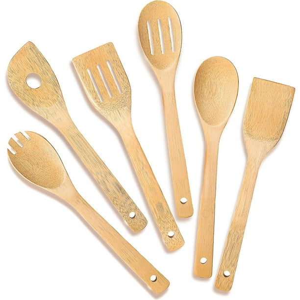 Juego de utensilios de cocina de madera, cucharas de madera de 6 piezas de  GUDAMAYE para cocinar, utensilios de cocina de madera, cucharas de madera  de teca Natural para sartén antiadherente 