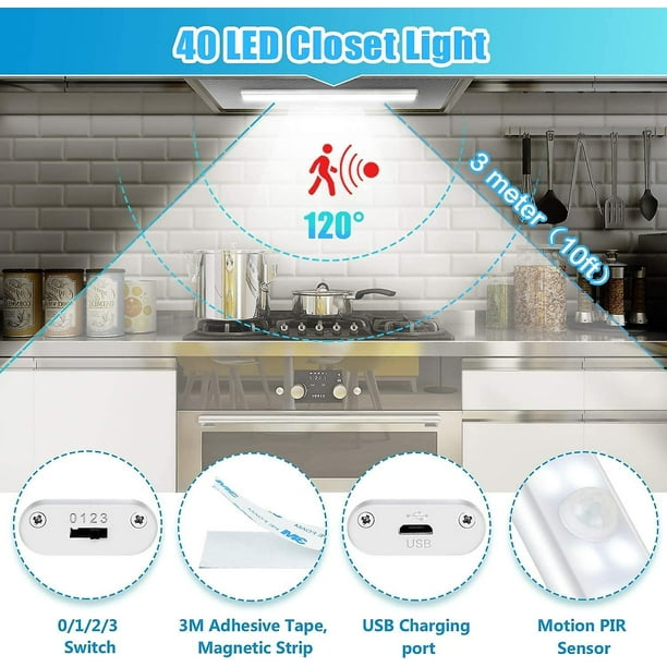 40 luces LED para armario, luz para armario con sensor de movimiento, tira  de luz LED recargable por USB, 4 modos de iluminación, lámpara para armario,  luz nocturna LED con tira magnética