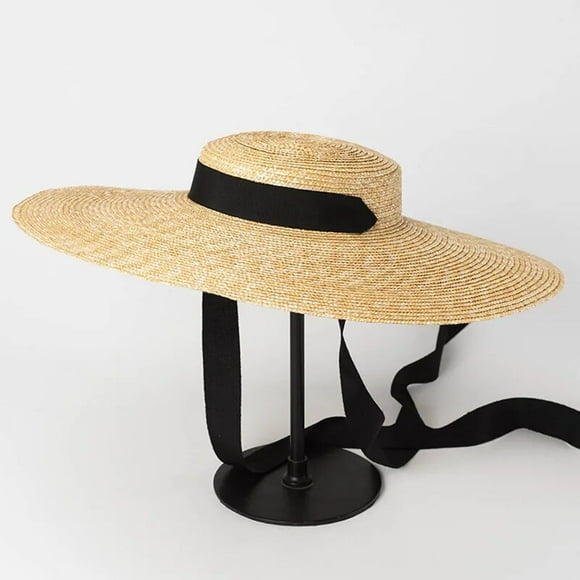sombrero de ala ancha para mujer sombrero de paja plano de ala ancha de 10cm y 15cm estilo derby de kentucky con lazo de cinta blanca y negra para playa
