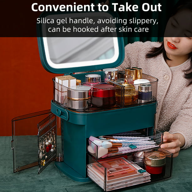 Caja de almacenamiento de cosméticos con espejo LED para maquillaje,  organizador de maquillaje de gran capacidad, resistente al agua, de  escritorio, cajón de almacenamiento de belleza