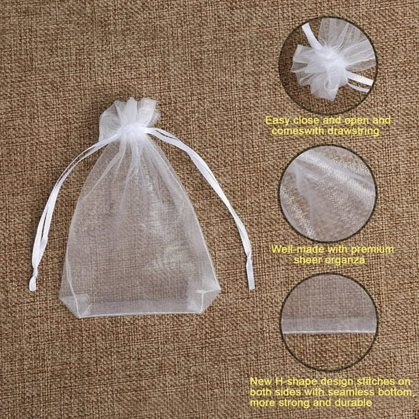 100 bolsas de regalo de organza de 4 x 6 pulgadas para joyas, fiestas,  bodas, bolsas de regalo transparentes de primera calidad con cordón (blanco)