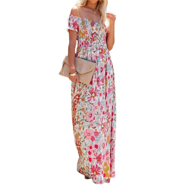 Txlixc Vestido cruzado con hombros descubiertos para mujer, vestido largo  de playa bohemio de manga corta con estampado floral Txlixc Estilo de ocio