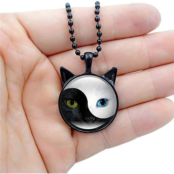 Collar de gato Yin Yang colgante de animal mágico Ying Yang ojo de gato  joyería de cristal Cabujón colgante cadena de plata, Acero aleado