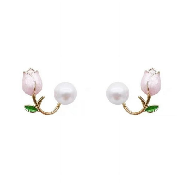 1 Par Aretes Perlas Imitación Mujer Aretes Moda Flor Tulipán