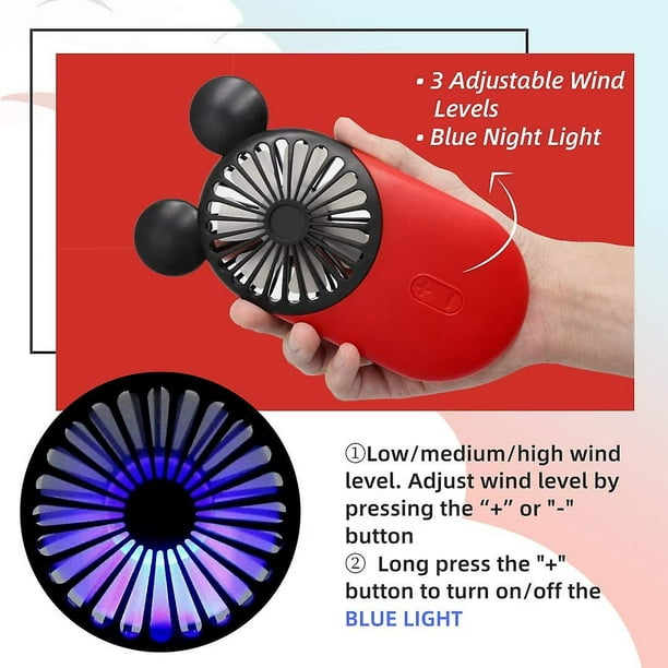 Lindo mini ventilador personal, ventilador recargable USB de mano y  portátil con hermosa luz LED, 3 velocidades ajustables, soporte portátil,  para