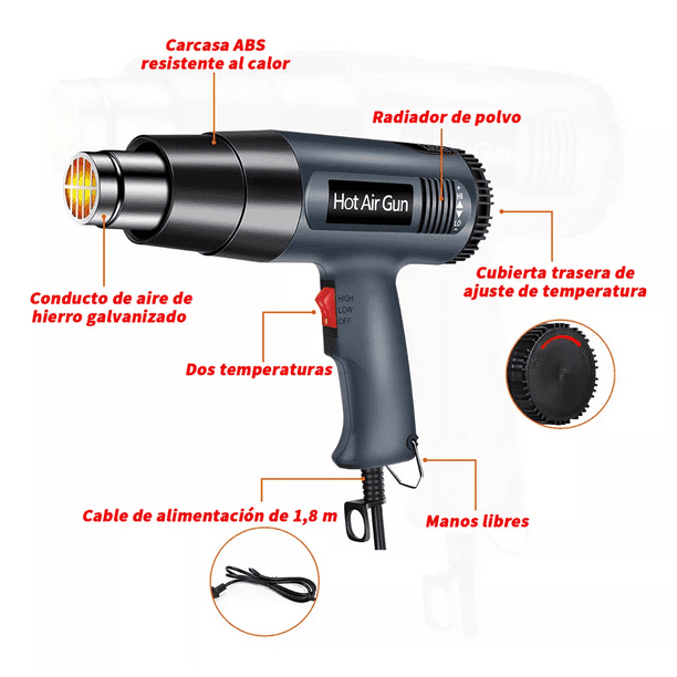 ROMECH Pistola de calor con control de temperatura variable de 1500 W con 2  ajustes de volumen de aire, kit de pistola de aire caliente de alta