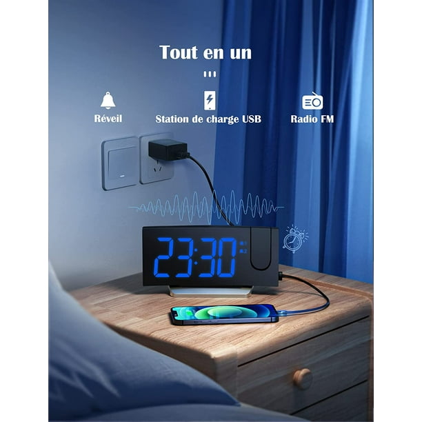 Reloj despertador de proyección para dormitorio, LED digital en pared de  techo con carga de teléfono USB, respaldo de batería, proyector y atenuador