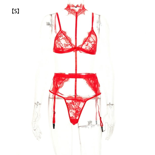 Mujeres sexy Cuerpo de encaje ropa interior perspectiva sujetador Bragas  liguero, s, rojo Inevent XX000193-07