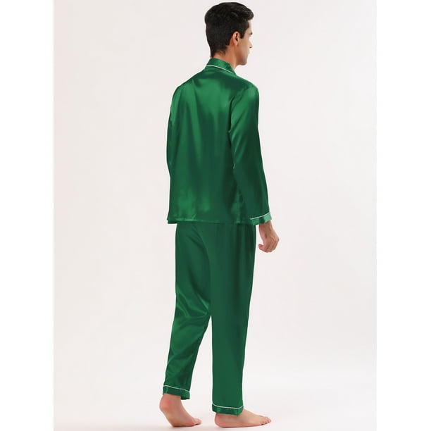 WDIRARA Conjunto de pijama de satén para hombre con botones a cuadros y  manga larga