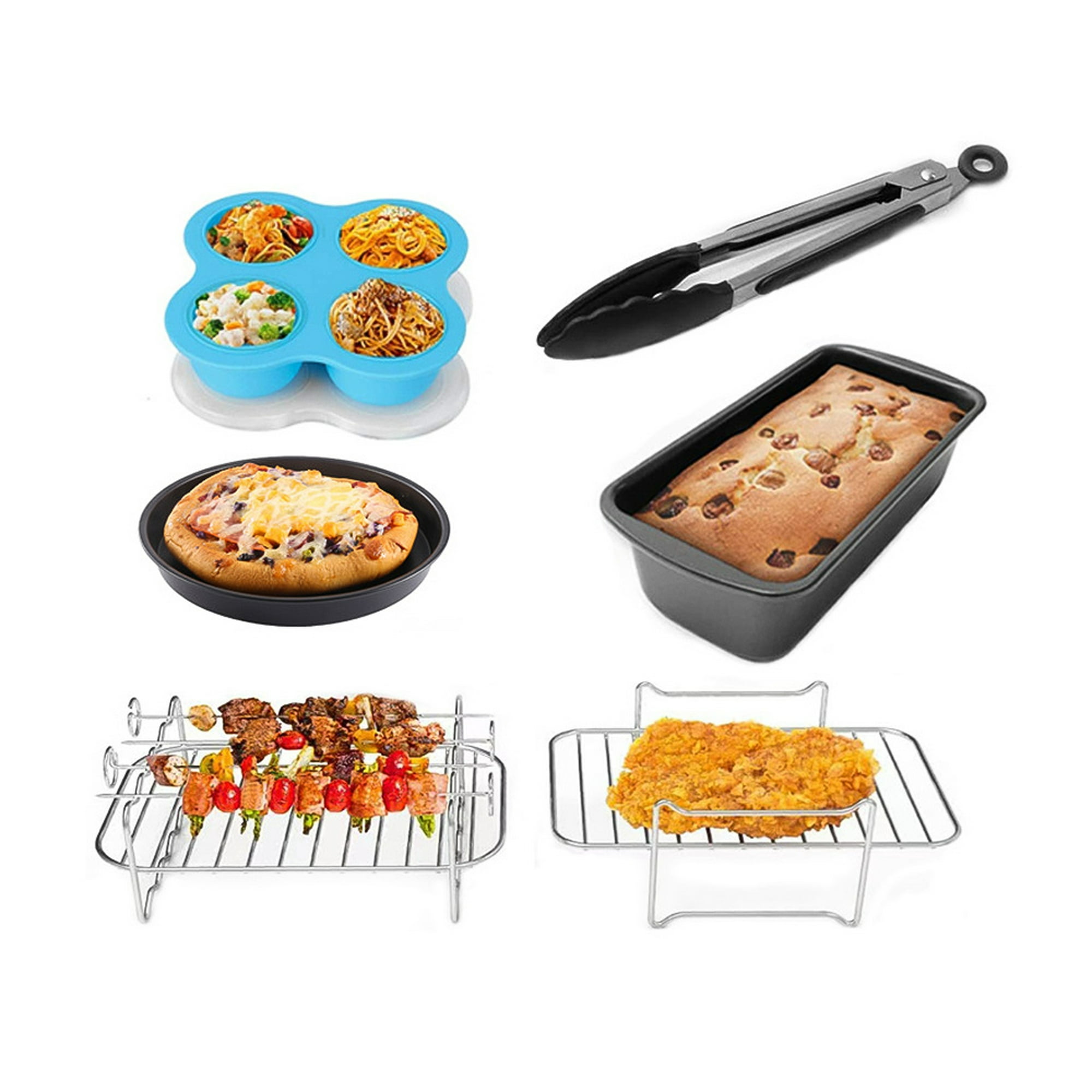 Juego de 7 accesorios para freidora de aire con molde de bocados de huevo  de 8 pulgadas, bandeja para pizza, barril de pastel, estante de brocheta