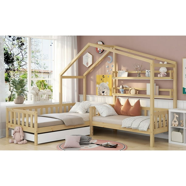 Cama infantil montessori con forma de casa de madera natural colchón 90 x  200 cm