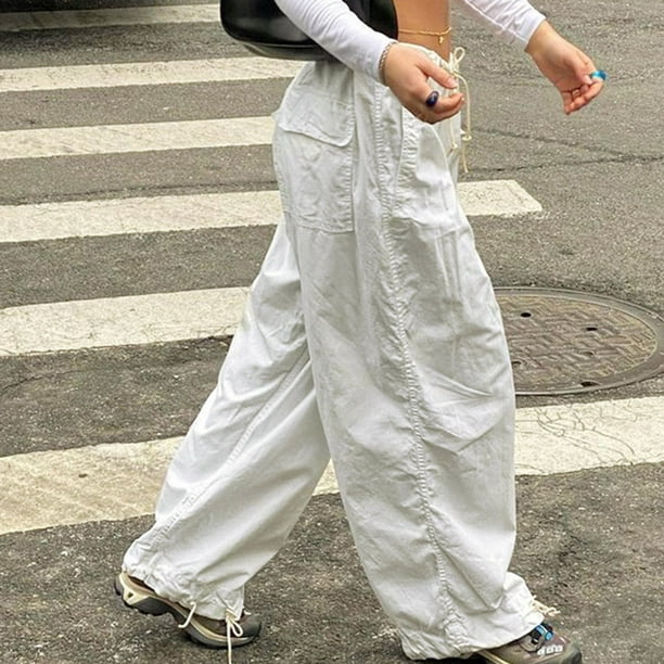 Gibobby pantalones de mujer de vestir Pantalones Cargo holgados para mujer,  ropa de calle, pantalones de chándal de Hip Hop, pantalones de pierna ancha  holgados informales con cordón (Blanco, S)