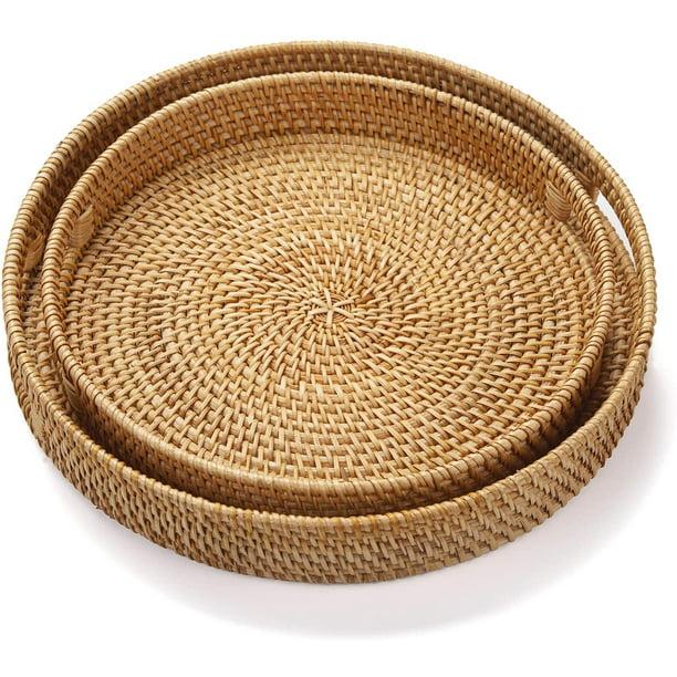 Bandeja redonda de ratán, cesta tejida a mano con asas recortadas, cesta de  mimbre para servir frutas/pan, 11.8 pulgadas