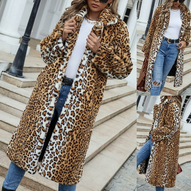 Abrigo cálido de piel sintética para mujer, chaqueta de invierno con cuello  vuelto de leopardo para mujer Fridja po2567