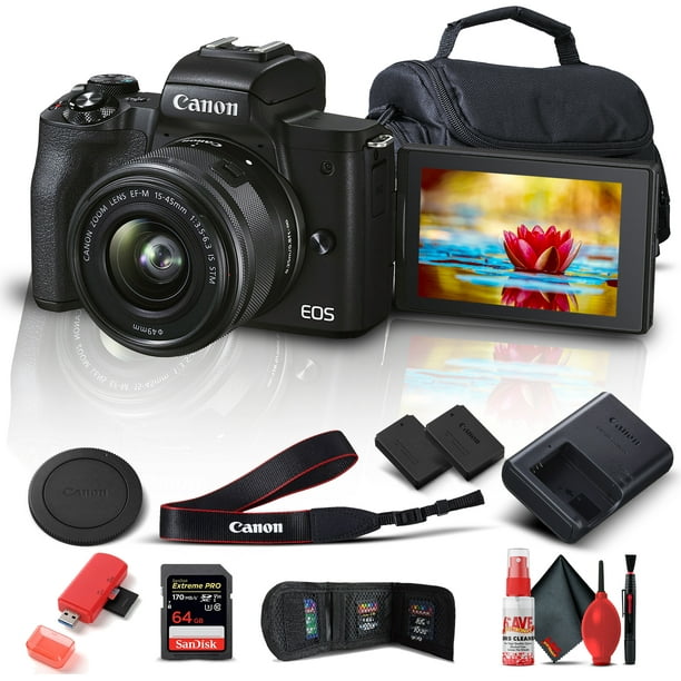 Canon EOS M50 Mark II Mirrorless Digital Camera with 15-45mm Lens (Black)  (4728C006) + 64GB Extreme Pro Card + Extra LPE12 Battery + Case + Card  Reader + Deluxe Cleaning Set +