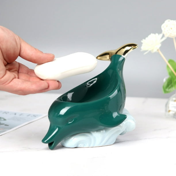 Caja de jabón de cerámica con forma de delfín, caja para jabonera,  suministros de baño, accesorios de decoración del hogar, soporte para jabón  de drenaje