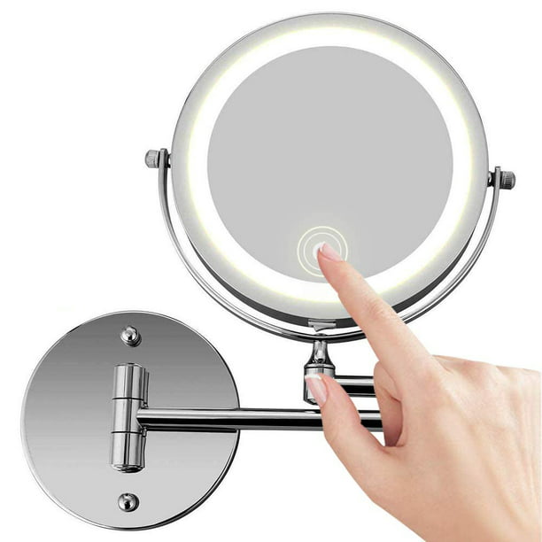 Espejo de maquillaje de montaje en pared, espejo de tocador con luz LED de  dos lados con aumento de 10X para baño, giratorio de 360°, recargable por  USB y brazo extensible de