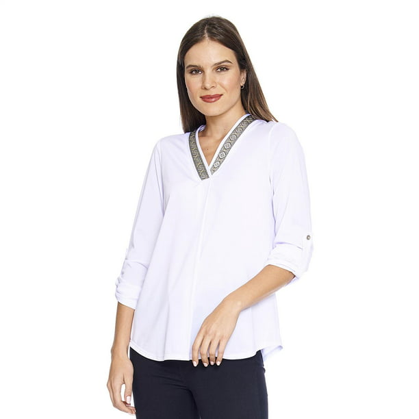 Blusa Blanca Mujer Holgada Escote V Con Detalle Casual XGR INCÃ“GNITA | Walmart en línea