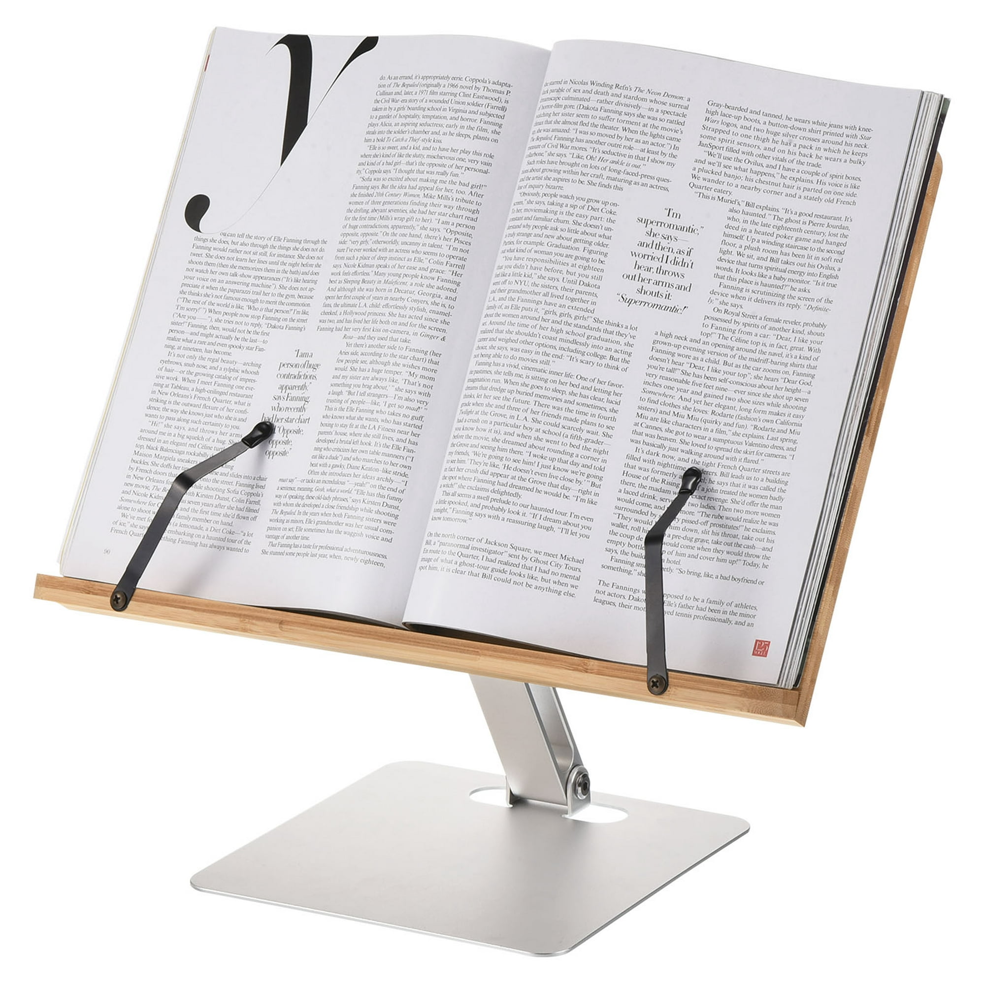 Soporte de libro de metal para lectura, soporte de libro giratorio de 180°  con clips de papel, soporte de madera para libros de cocina, soporte para