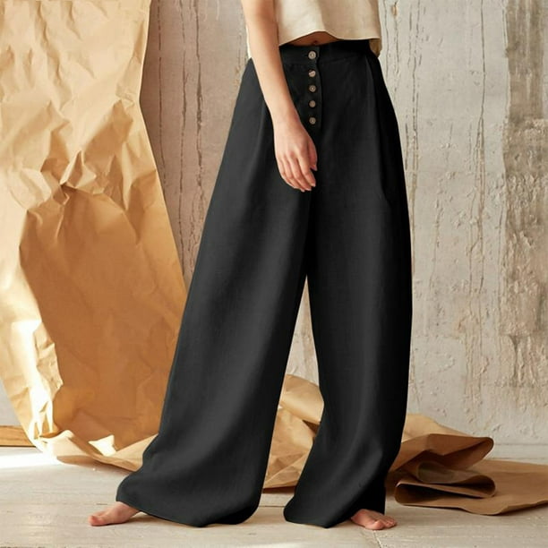Pantalones Anchos Pantalones de pierna ancha para mujer Pantalones casuales  de cintura alta de algodón con bolsillos (Negro M) Cgtredaw para Mujer  Negro T L