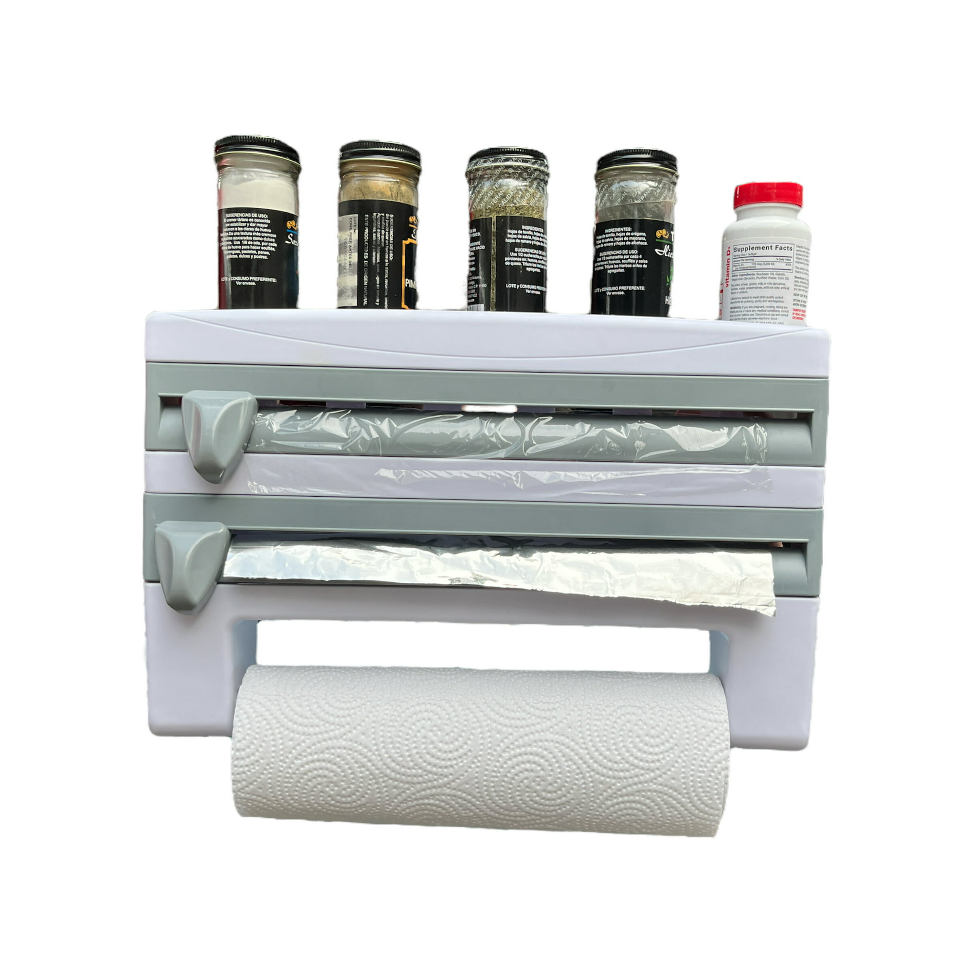 Dispensador organizador de papel de aluminio de plástico, soporte para  toallas de papel montado en la pared y estante de especias, dispensador de