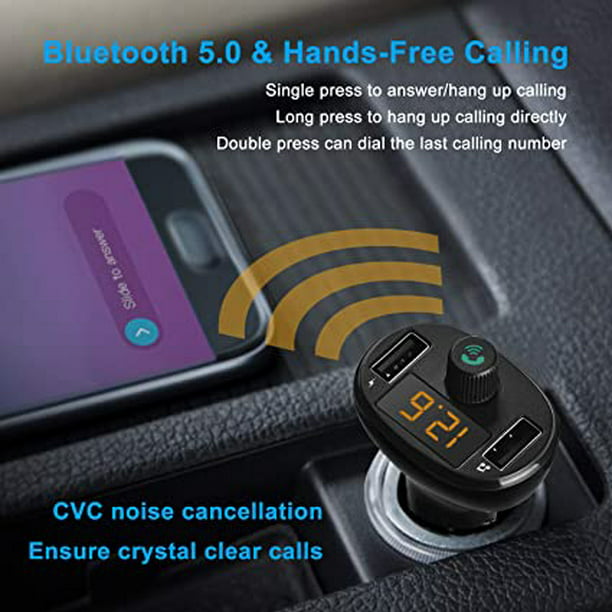 Encendedor de cigarrillos Bluetooth, transmisor FM Bluetooth 5.0 Cargador  de coche 3.4A Adaptador de radio de carga rápida Soporte USB Dongle  Compatible con sistema iOS y Android, radio de coche TUNC Sencillez