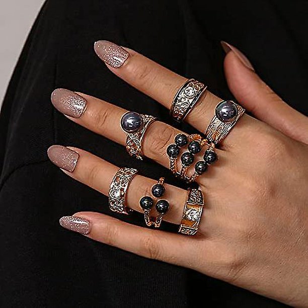 7 Piezas Anillos de Perlas Negras Conjunto de Anillos de Oro de