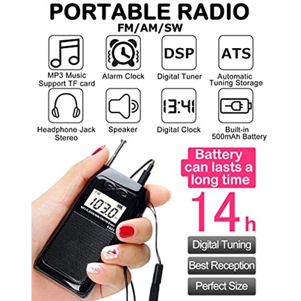 Mini Radio Portatil Pequeña Digital Radio de Bolsillo con Altavoz de Sonido  Reloj Despertador FM/Am Estéreo DSP Tuning Receptor con Auriculares para