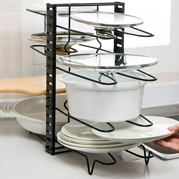 Estante organizador de ollas expandible, soporte para tapas de sartenes y  ollas plateadas con 10 compartimentos ajustables, longitud máxima extendida