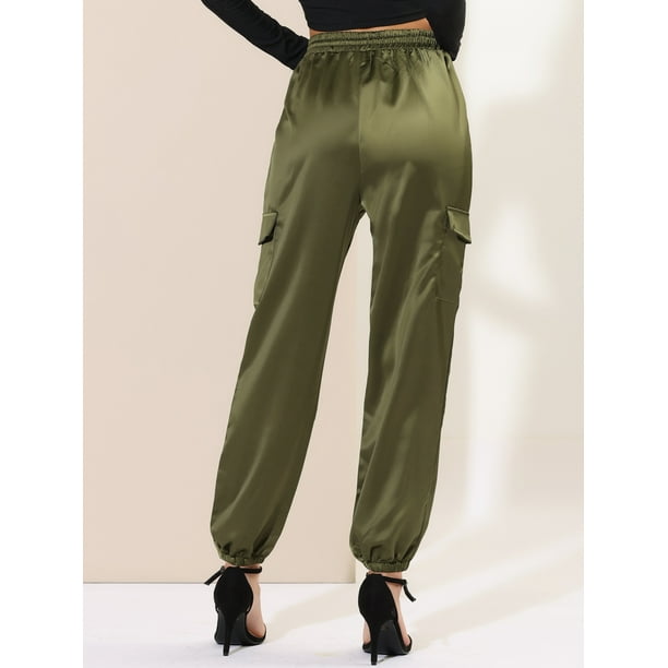Pantalones cargo de satén sedoso de tiro alto elástico con cordón para  mujer Verde XS Unique Bargains Pantalones