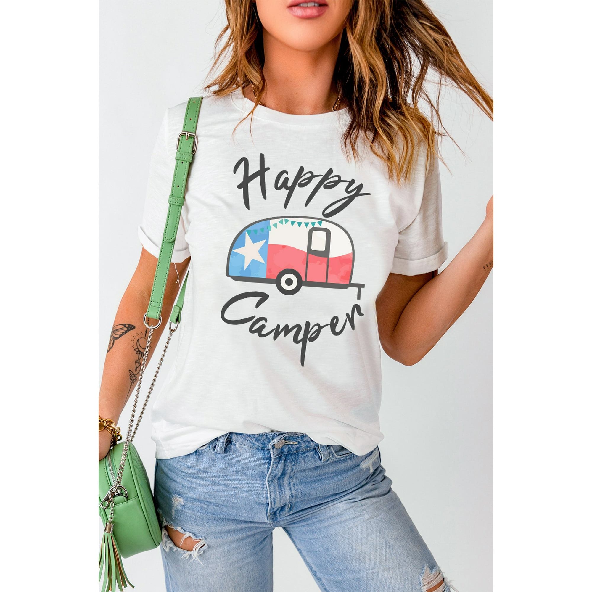 ABPHQTO Camiseta cuello redondo con de coche camper feliz blanco para mujer ABPHQTO en línea