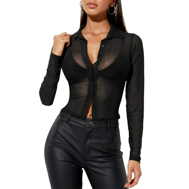 Camisa transparente de mujer con botones, blusa de malla de manga larga botones (negro / M) Nituyy camisa-GLKJ5384-FF73297A2 | Walmart línea