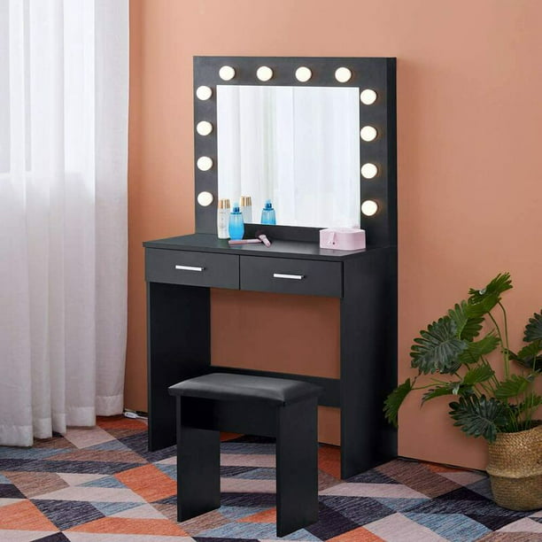 Tocador con espejo y luces LED Hollywood Escritorio de maquillaje de 1  cajón grande con taburete acolchado para dormitorio thsin ACTIVE Biensenido  a ACTIVE