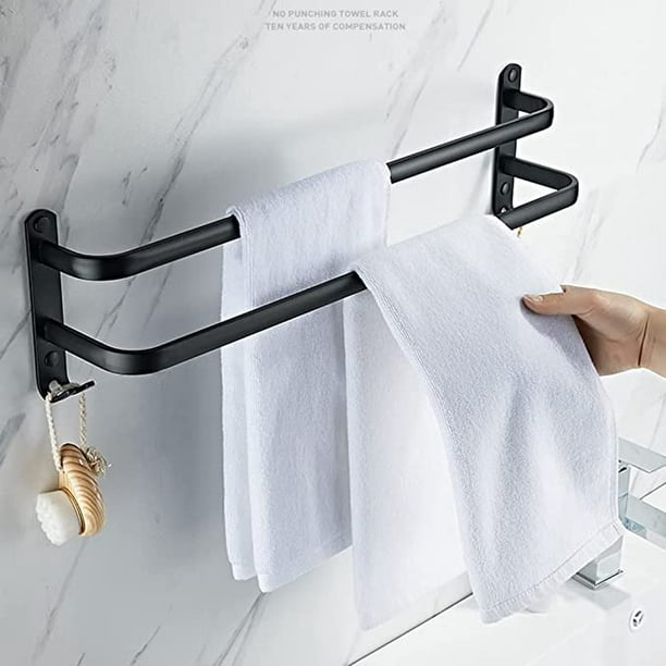 Toallero montado en la pared, toallero de baño, toallero adhesivo negro  mate, toallero de aleación de aluminio no perforado (40 cm, barras dobles)  JAMW Sencillez