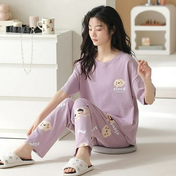 Conjunto de pijama de algodón para parejas, ropa de dormir de dos piezas,  informal, coreana, con