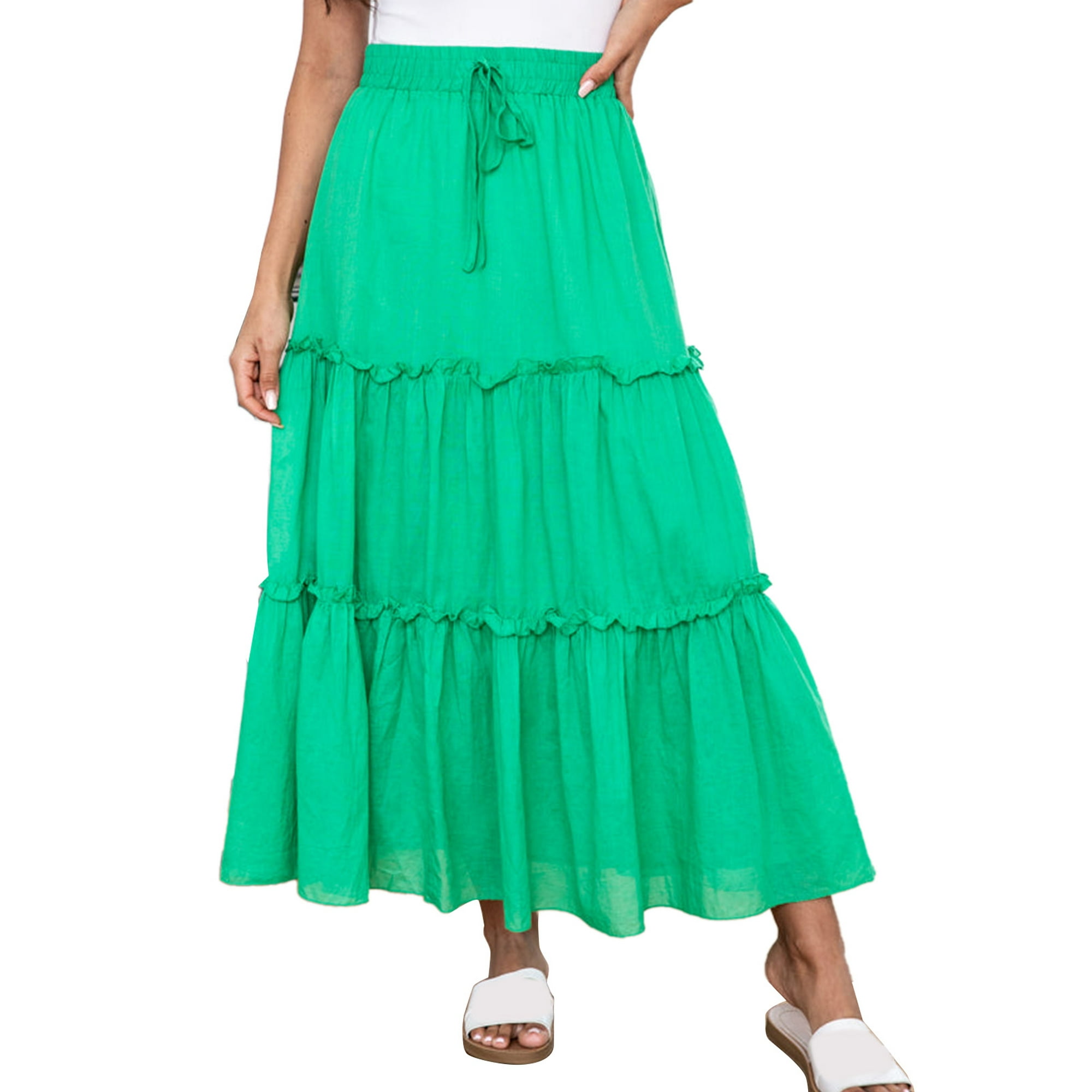  Falda larga de verano de color sólido para mujer, cintura alta,  elástica, sin botones, falda larga acampanada, falda de playa con vuelo,  Verde : Ropa, Zapatos y Joyería