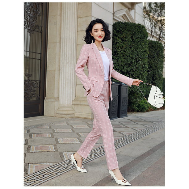 Pantalones de dos piezas para mujer, moda de primavera y otoño 2022, 2  conjuntos de pantalones formales a cuadros rosas, Blazer, diseños de  oficina