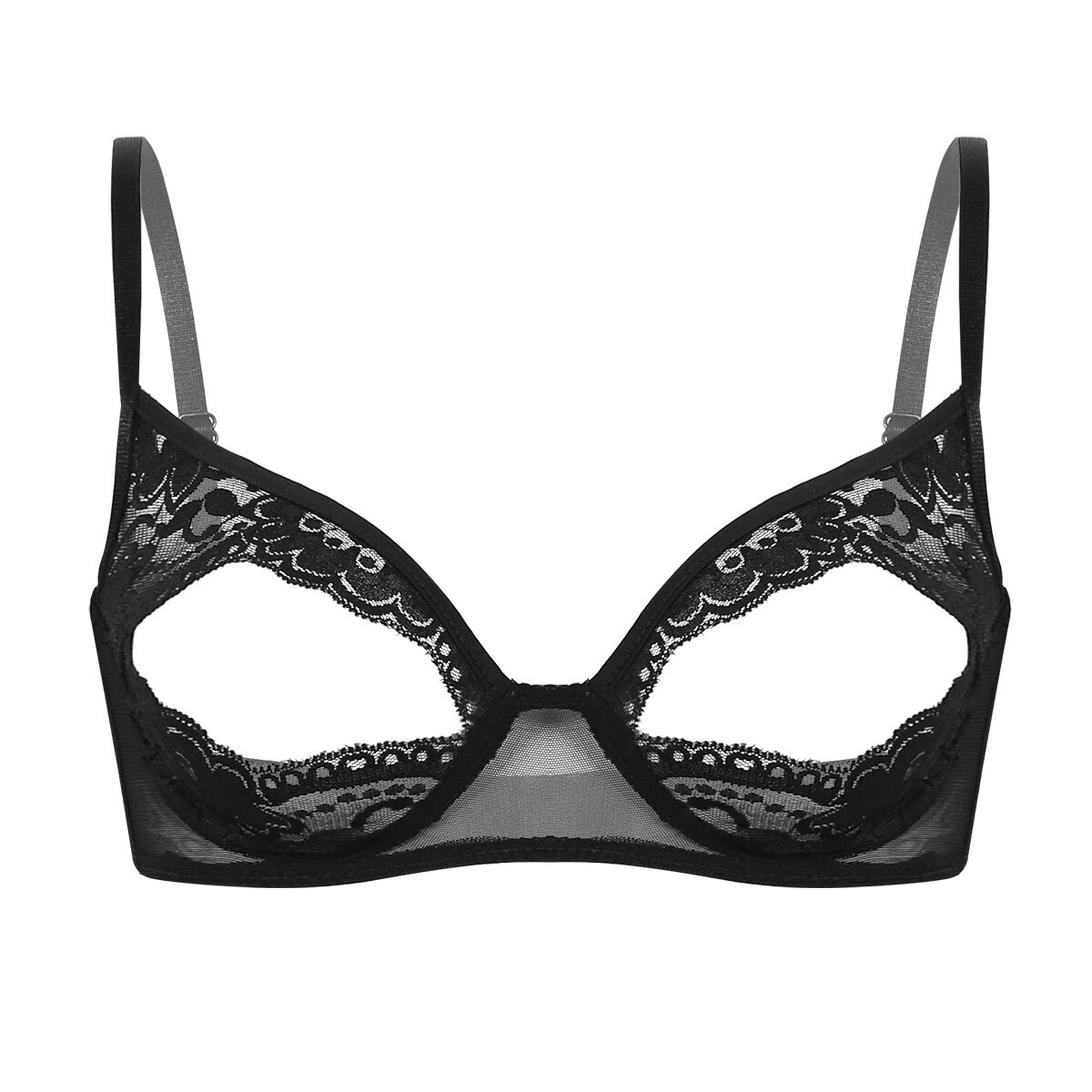 Women Sexy Hollow Out Bra Soft Sheer Lace Adjustable Straps Open Cut  Exposed Nipples Brassiere Wire- Gong Bohan LED