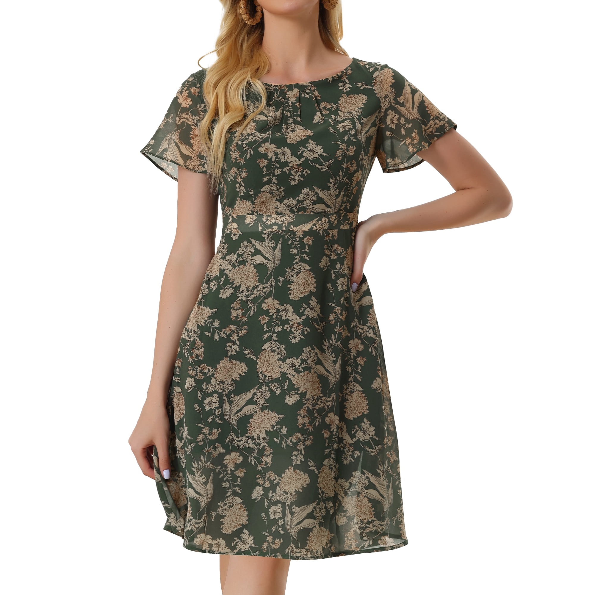 Vestidos florales para mujer con cuello plisado y mangas acampanadas debajo  de la rodilla Verde Oscu Unique Bargains Vestido