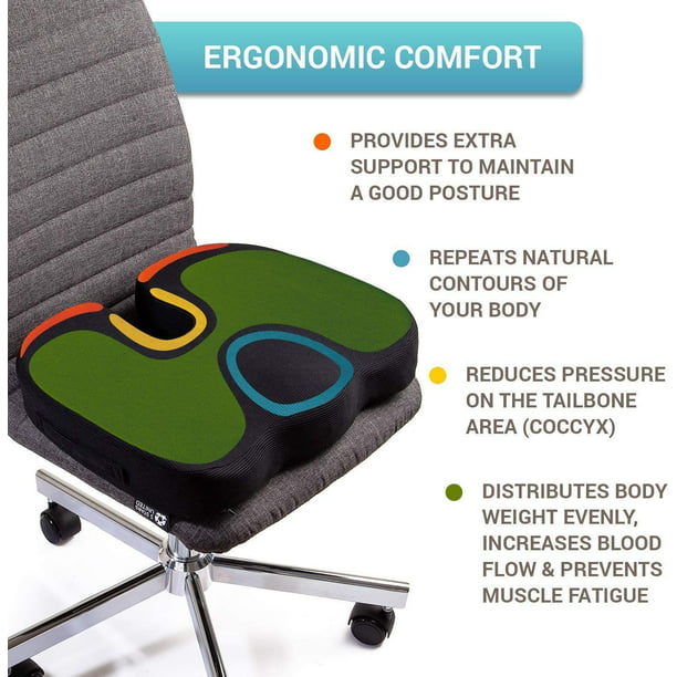Seat Cushion Pillow for Office Chair 100% Memory Foam Firm Coccyx Pad -  Tailbone, Sciatica, Lower Back Pain Relief - Contoured Posture Corrector  for