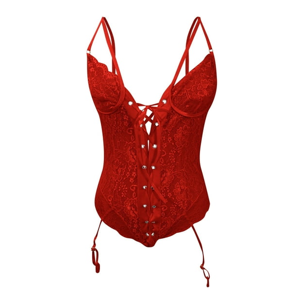 Gibobby Conjunto ropa interior mujer Lenceria Sexy para Mujer Ropa Interior  Sensual de una Pieza Erotica de Encaje con Cuello V Pijama Tirantes(Rojo, G)