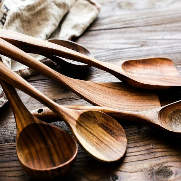  Juego de utensilios de cocina de madera, 6 utensilios de madera  de bambú antiadherentes para cocinar, fácil de limpiar, cucharas de madera  reutilizables para cocinar, espátula, cucharón, volteador y servidor de