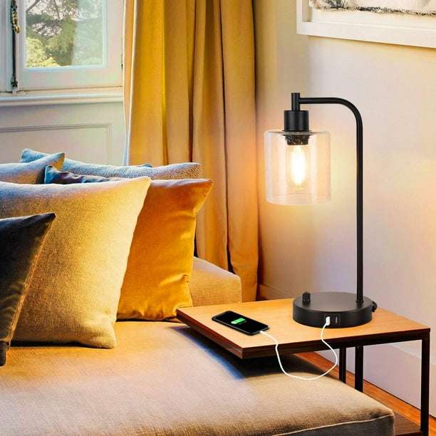 Lámpara de mesa industrial con 2 puertos USB, lámpara de escritorio de  mesita de noche vintage totalmente regulable, lámpara de lectura de noche  con pantalla de vidrio sembrado para dormitorio, bombilla LED