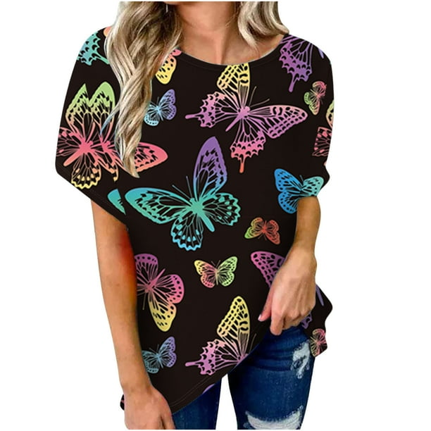 Camiseta Informal Suelta con Cuello en V y Estampado de Mariposas de Manga  Corta para Mujer Body Manga Larga Mujer Color Carne