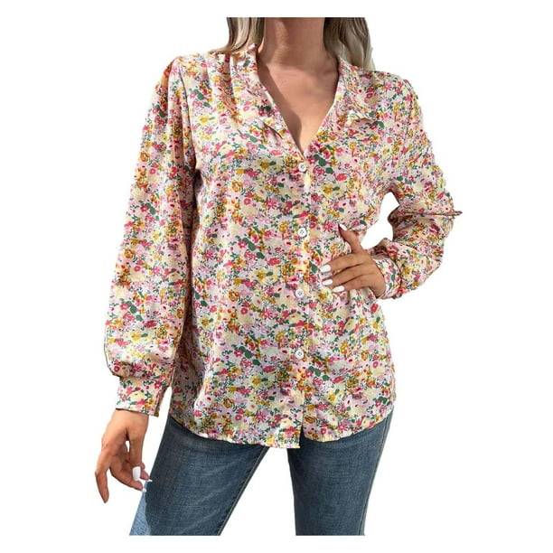 Tops para mujer, camisas, blusas elegantes, informales, de de otoño, camisa chifón con estampado de borde de hongo, jersey de manga acampanada, Top Odeerbi ODB-5 | Walmart en línea