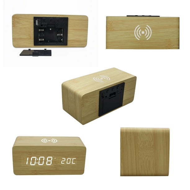 Reloj despertador digital, con pantalla LED electrónica de madera, 3  ajustes de alarma, carga inalámbrica de 10 W, día de la semana, detección  de