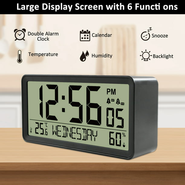 Reloj despertador digital LCD con pilas, escritorio, pequeño reloj  electrónico con temperatura interior, humedad, fecha, retroiluminación,  función de repetición para el hogar, dormitorio, mesita de no