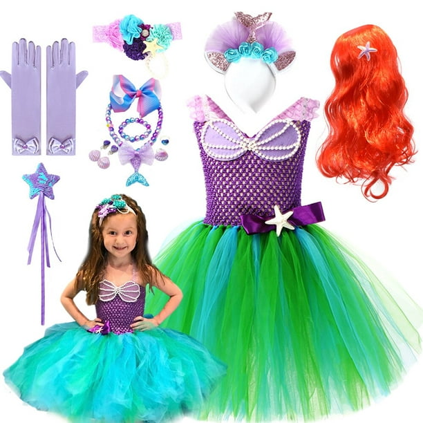 Disfraz de sirenita para niña, vestido de princesa Ariel, tutú de tul  mullido púrpura y verde, para fiesta de disfraces, nuevas películas Fivean  unisex