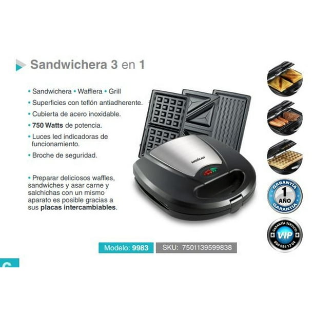 Sandwichera 3 en 1 con 3 juegos de placas Intercambiables Antiadherentes  para Sandwich, Grill y Waffles : : Hogar y Cocina
