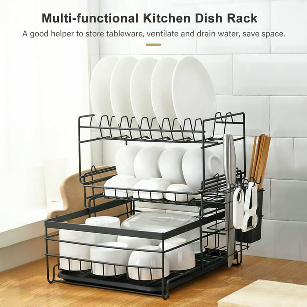 Escurridor de platos de 2 niveles con bandeja de goteo, cesta de  almacenamiento de cubiertos de cocina, escurridor de platos con soporte,  organizador